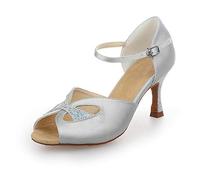 JIAJIA Y2053 Women's Satin Sandals Flared Heel Latin Salsa Performance Dance Shoes Colour Silver,Size 3 UK/36 EU