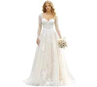JIAJUPA Lace Beach Wedding Dresses for Bride Long Sleeves A-Line Tulle Applique Ball Gowns Bridal Dress Ivory Size 22