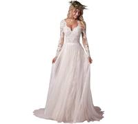 JIAJUPA Long Sleeve Wedding Dresses for Bride Lace Beach Boho Wedding Bridal Gowns for Women Country Wedding Dress Ivory Size 10