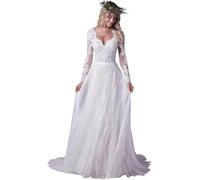 JIAJUPA Long Sleeve Wedding Dresses for Bride Lace Beach Boho Wedding Bridal Gowns for Women Country Wedding Dress White Size 16