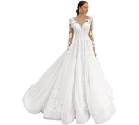 JIAJUPA Long Sleeves Tulle Wedding Dresses for Bride Boho Beach A-Line Appliques Lace Bridal Ball Gowns with Train White Size 16