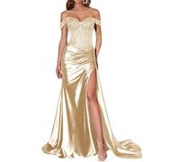 JIAJUPA Mermaid Off The Shoulder Prom Dresses Sparkly Sequin Satin Long Formal Evening Prom Party Gown Champagne Size 10