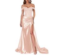 JIAJUPA Mermaid Off The Shoulder Prom Dresses Sparkly Sequin Satin Long Formal Evening Prom Party Gown Rose Gold Size 12