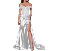 JIAJUPA Mermaid Off The Shoulder Prom Dresses Sparkly Sequin Satin Long Formal Evening Prom Party Gown White Size 14