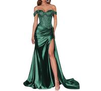 JIAJUPA Mermaid Off The Shoulder Prom Dresses Sparkly Sequin Satin Long Formal Evening Prom Party Gown Teal Size 24
