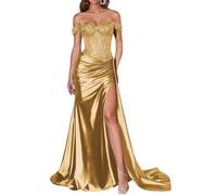 JIAJUPA Mermaid Off The Shoulder Prom Dresses Sparkly Sequin Satin Long Formal Evening Prom Party Gown Gold Size 18