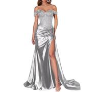 JIAJUPA Mermaid Off The Shoulder Prom Dresses Sparkly Sequin Satin Long Formal Evening Prom Party Gown Silver Size 10
