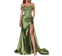 JIAJUPA Mermaid Off The Shoulder Prom Dresses Sparkly Sequin Satin Plus Size Long Formal Evening Prom Party Gown Olive Green Size 26