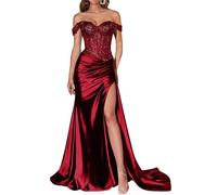 JIAJUPA Mermaid Off The Shoulder Prom Dresses Sparkly Sequin Satin Plus Size Long Formal Evening Prom Party Gown Burgundy Size 30