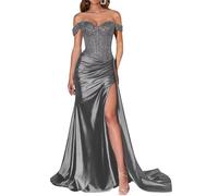 JIAJUPA Mermaid Off The Shoulder Prom Dresses Sparkly Sequin Satin Plus Size Long Formal Evening Prom Party Gown Grey Size 32