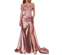 JIAJUPA Mermaid Off The Shoulder Prom Dresses Sparkly Sequin Satin Plus Size Long Formal Evening Prom Party Gown Dusty Rose Size 30