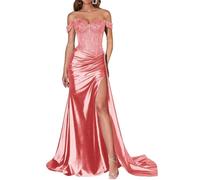 JIAJUPA Mermaid Off The Shoulder Prom Dresses Sparkly Sequin Satin Plus Size Long Formal Evening Prom Party Gown Coral Size 26
