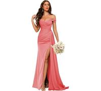 JIAJUPA Off The Shoulder Bridesmaid Dresses for Wedding Ruched Chiffon Long Prom Dress Formal Gowns with Slit Coral Size 18