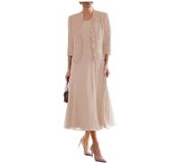 JIAJUPA Tea Length Mother of The Bride Dresses for Wedding with Jacket Chiffon Formal Evening Dresses with 3/4 Sleeves Blush Size 14