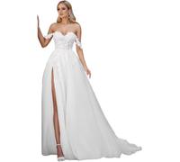 JIAJUPA Women's Long Beach Wedding Dresses for Wedding Lace Applique Tulle Bridal Gowns Off The Shoulder White Size 16