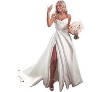 JIAJUPA Women's Strapless Satin Bridal Gowns Long Wedding Dress A-Line Prom Party Gowns with Slit Ivory Size 26