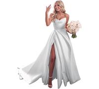 JIAJUPA Women's Strapless Satin Bridal Gowns Long Wedding Dress A-Line Prom Party Gowns with Slit White Size 6