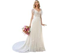 JIAJUPA Women's V-Neck Wedding Dresses for Bride Lace Tulle Beach Bridal Gowns with Train Ivory Size 20