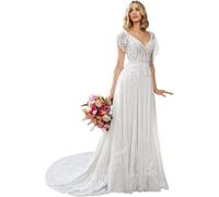 JIAJUPA Women's V-Neck Wedding Dresses for Bride Lace Tulle Beach Bridal Gowns with Train White Size 24