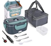 JIAKANUO Electric Lunch Box Food Warmer Portable Lunch Microwave Bento Box with SS Container 1.5 L Leak Proof, 230V/12V/24V for Car/Office/Trunk 3 in 1 with Fork&Spoon&Insulated Lunch Bag (Green)