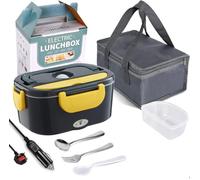 JIAKANUO Electric Lunch Box Food Warmer Portable Lunch Microwave Bento Box with SS Container 1.5 L Leak Proof, 230V/12V/24V for Car/Office/Trunk 3 in 1 with Fork&Spoon&Insulated Lunch Bag (Navy Blue)