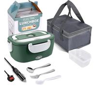 JIAKANUO Electric Lunch Box Food Warmer Portable Lunch Microwave Bento Box with SS Container 1.5 L Leak Proof, 230V/12V/24V Car/Office/Trunk 3 in 1 with Fork&Spoon&Insulated Lunch Bag (Grass Green)