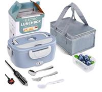 JIAKANUO Electric Lunch Box Food Warmer Portable Lunch Microwave Bento Box with SS Container 1.5 L Leak Proof, 230V/12V/24V for Car/Office/Trunk 3 in 1 with Fork&Spoon&Insulated Lunch Bag (Sky Blue)