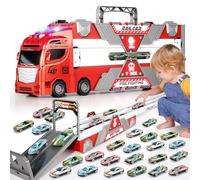 Jiakora 65 Inch Race Car Tracks and 20 Car, Transport Truck Toys for Kids Boys 3-8, Toy Fire Engines for Toddler 3 4 5 6 7 8 Years Old with Lights Sounds, Carrier Truck Toys Gift for Boys Girls Kids