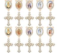 Jiali Q 20 Pcs Rhinestone Rosary Making Kit - 10 Virgin Mary Centerpiece Connectors (5 Designs) & 10 Cross Crucifix Pendants Charms for Catholic Jewelry DIY Necklace Bracelet Crafting