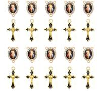 Jiali Q 40 Piece Set Rhinestone Religious Rosary Making Supplies, 20 Oval Saint Connectors and 20 Enamel Cross Charms, 0.87 x 0.6 inch Medallions, 1.23 x 0.7 inch Crosses (Black&Divine Mercy Jesus)