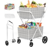 JIALIJIU 2-Tier Shopping Cart for Groceries, Folding Grocery Cart with 360° Rolling Wheels, Heavy Duty Utility Carts with 2 Waterproof Liners, Multi-Functional Trolley for Laundry, Household, White