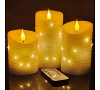 Jialine LED Kerzen mit integrierter Fairy String Lichter Batteriebetrieben, flackernde flammenlose Kerzen mit 10-Tasten-Fernbedienung und 24-Stunden-Timer, 4" 5" 6" Echtwachs, Elfenbeinweiß