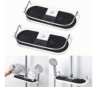 No Drilling Shower Shelf Caddy, Shelf for Shower Pole Shower Caddy Shelf with Hooks, Fit 18mm - 25mm Round Rail for Shower Rail - Bathroom Rack Organizer Holder for Soap Shampoo Conditioner(2 PACK)