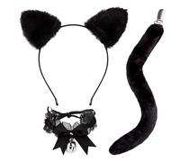 JIALWEN Cat Ears Headband with Tail and Bell Collar Set Black Cat Costumes for Adults Women Girls Halloween Party Cosplay Dress Up Accessories