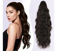 JIAMEISI Claw Clip Ponytail Hair Extensions 18 Inch Ponytail Extension Long Curly Wavy Jaw Clip in Pony Tails Extension Synthetic Fluffy Hairpiece for Women Girls Daily Use Party (Black Brown)