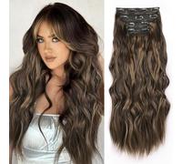 JIAMEISI Clip-In Extensions, 4 Pieces 56 cm Full Head Long Wavy Hair Extensions, Synthetic Curly Clip-In Hair Extensions, Thick Natural Soft Hairpiece for Women Girls 200 g (#4/27)