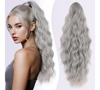 JIAMEISI Ponytail Extension 18 Inch Claw Clip in Ponytail Hair Extensions Long Curly Wavy Synthetic Fiber Claw Ponytail Hairpiece for Women Girls Daily Use Party Add Volume and Length (Silver Grey)