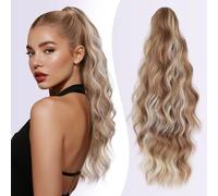 JIAMEISI Ponytail Extension 18 Inch Claw Clip Ponytail Hair Extensions Long Curly Wavy Highlight Clip in Pony Tails Extension Synthetic Fluffy Hairpiece for Women (Honey Gold Mixed Light Blonde)