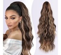 JIAMEISI Ponytail Extension 18 Inch Claw Clip Ponytail Hair Extensions Long Curly Wavy Highlight Clip in Pony Tails Extension Synthetic Fluffy Hairpiece for Women (Dark Brown Mixed Honey Brown)