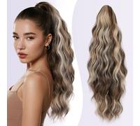 JIAMEISI Ponytail Extension 18 Inch Claw Clip Ponytail Hair Extensions Long Curly Wavy Highlight Clip in Pony Tails Extension Synthetic Fluffy Hairpiece for Women (Chestnut Brown Mixed Ash Blonde)