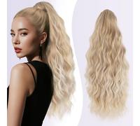 JIAMEISI Ponytail Extension 18 Inch Claw Clip Ponytail Hair Extensions Long Curly Wavy Highlight Clip in Pony Tails Extension Synthetic Fluffy Hairpiece for Women Daily Party (Blonde to Light Blonde)