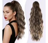 JIAMEISI Ponytail Extension 18 Inch Claw Clip Ponytail Hair Extensions Long Curly Wavy Jaw Clip in Pony Tails Extension Synthetic Hairpiece for Women Daily Use Chocolate Brown with Blonde Highlights