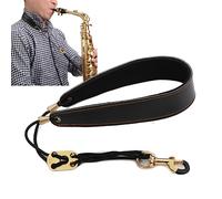 JIAMIAN Universal Black Genuine Leather Sax Neck Strap, Premium Saxophone Strap, With Comfortable Padded Lining Adjustable Buckle, Metal Hook, For Any Saxophonist