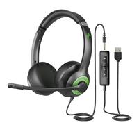 JIAMQISHI USB Headset with Mic for PC, On-Ear Computer Laptop Headphones with Noise Cancelling Microphone in-line Control for Home Office Online Class (USB+3.5mm, Green)