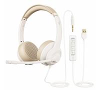 JIAMQISHI USB Headset with Microphone for PC, On-Ear Computer Laptop Headphones with Noise Cancelling Mic in-line Control for Home Office Online Class Zoom (USB+3.5mm, White)