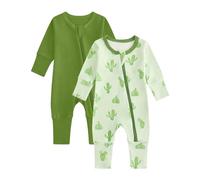 JiAmy 2 Pack Baby Sleepsuits Baby Grows Cotton Two-Way Zip Long Sleeve Footed Pajamas with Mitten Cuffs Newborn Clothes for Boys Girls 0-3 Months Green