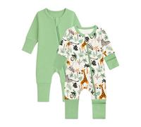 JiAmy 2 Pack Baby Sleepsuits Baby Grows Cotton Two-Way Zip Long Sleeve Footed Pajamas with Mitten Cuffs Newborn Clothes for Boys Girls 18-24 Months Green Animals