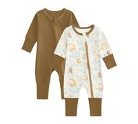 JiAmy 2 Pack Baby Sleepsuits Baby Grows Cotton Two-Way Zip Long Sleeve Footed Pajamas with Mitten Cuffs Newborn Clothes for Boys Girls 0-3 Months Brown