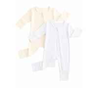 JiAmy Baby Boys Girls Bamboo Sleepsuits 2 Pack, 0-24 Months Zip-Up Babygrow with Fold-Over Mittens & Feet, Breathable Lightweight Sleepwear with Anti-Slip Soles