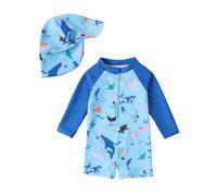 JiAmy Baby Boys Swimming Costume with Sun Hat Long Sleeve Zip Up Rash Guard Sun Protection Beach Infant Toddler Baby Swimsuit One Piece Bathing Suits Dark Blue 3-4 Years